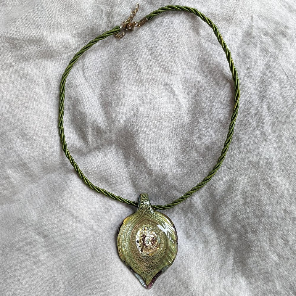 Pendant Necklace Murano Glass Leaf Stamped 36g